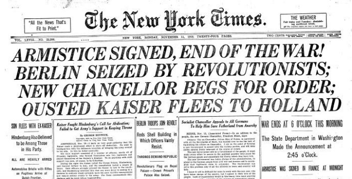Portada del New York Times con el anuncio del fin de la Primera Guerra Mundial